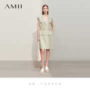 Amii2024夏通勤帅气工装风西装领宽肩配腰带连衣裙女短裙子