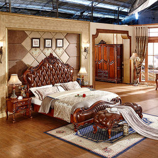 欧式皮床双人床1.8米主，卧床婚床实木床床头柜，太子床卧室家具组合