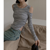 韩系风时尚辣妹设计感露肩针织衫，女侧腰开叉，抽绳修身长袖t恤1101s