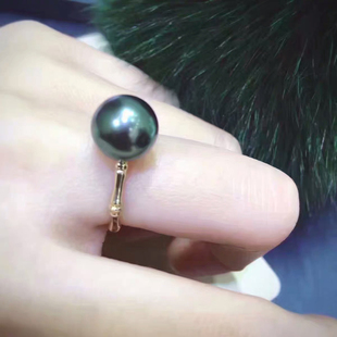 大溪地海水黑珍珠戒指指环9-10MM正圆强光黑色珍珠真珍珠女