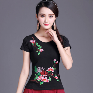 民族风绣花t恤女短袖夏季中国风复古女装修身刺绣大码打底衫