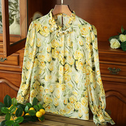 花仙子衬衫~黄色玫瑰印花法式荷叶边珍珠领喇叭，袖真丝衬衫立体花