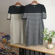 韩版夏季洋气年轻条纹，拼色短袖圆领两口袋，宽松显瘦气质连衣裙2367