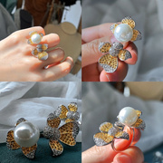 天然贝珠仿珍珠花朵戒指女简约时尚，百搭精致唯美开口指环媲美澳白