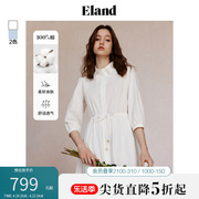 eland衣恋纯棉连衣裙女衬衫领蕾丝，花边a字九分长裙2024春季