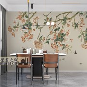 中式花鸟画蝴蝶壁纸简约素雅古风樱花，墙布卧室客厅淡雅壁画背景墙