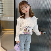 女童长袖t恤秋装2023洋气，韩版女孩蕾丝，边纯棉打底衫儿童上衣