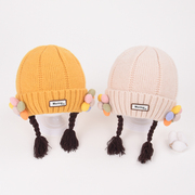 婴儿帽子秋冬季女宝宝公主针织帽可爱带辫子婴幼儿冬款毛线帽女童