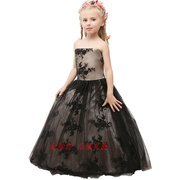 儿童女童婚纱礼服长款主持服花童礼服黑色，花童裙走秀钢琴演出服