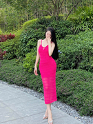 绝美火龙果裙纯欲枚红色修身长裙显白韩版高腰性感V领吊带连衣裙