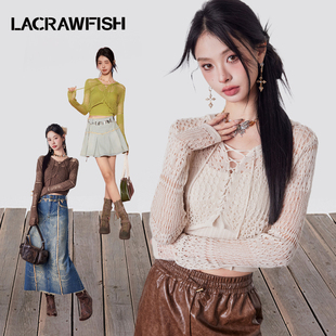 lacrawfish韩系复古连帽抽绳镂空针织罩衫吊带，背心上衣套装女
