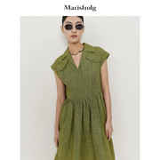 商场同款玛丝菲尔2022夏季西装领千鸟格绿色无袖连衣裙
