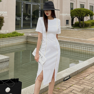 韩版连衣裙夏款气质ol通勤女装一步包臀开叉双拉链，白色长裙高级感