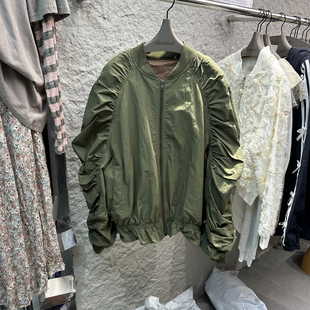 duoduo春装圆领纯色荷叶，边军绿色风衣，外套拉链开衫1911