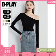 dplay春季气质黑色一字，肩上衣不对称斜肩上衣打底衫露肩t恤女