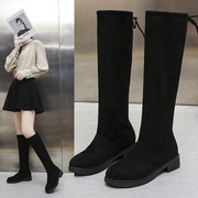 黑色高筒靴女冬季高跟长筒靴平底不过膝长靴绒面粗跟靴子