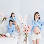 23年兔年影楼孕妇情侣主题简约蓝色衬衫孕妈咪夫妻主题拍照服装