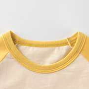 儿童秋季长袖t恤韩版卡通，拼袖休闲男女童上衣宝宝圆领打底衫