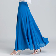 夏季纯色蓝色雪纺半身长裙，2023高腰a字大摆仙女裙中长款舞裙