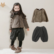 秋冬童装女童加绒加厚外套，韩版儿童羊羔毛短款上衣潮套装保暖棉衣