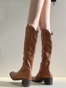 雀色~棕色靴子女秋冬复古长靴真皮，西部牛仔靴2023粗腿长筒靴