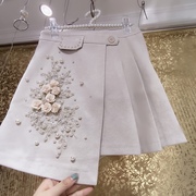 韩国超美小香风重工钉珠水钻花朵加厚毛呢百褶半身裙不规则裙
