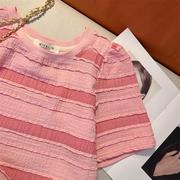 粉色条纹t恤女夏短袖小个子短款多巴胺穿搭温柔可爱甜美韩系上衣