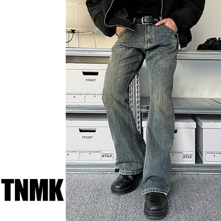 tnmk复古水洗做旧黄泥染dirty牛仔裤竹节质感，裤拖地直筒男女长裤