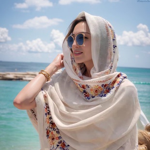 伊朗头巾女民族风绣花围巾披肩沙漠旅游防晒披肩海边沙滩巾薄款度