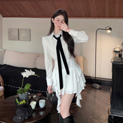 fairyjiang春季辣妹高级感白色长袖衬衫，连衣裙收腰修身短裙