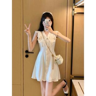 白色小香风连衣裙2023年女夏季名媛气质，收腰显瘦雪纺裙子女夏