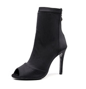 千娇舞女式黑色靴子 中筒拉丁舞鞋 中高跟弹力布面料适合各种脚型