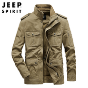 jeepspirit春季外套男立领宽松大码中长多袋工装，夹克军旅风外套