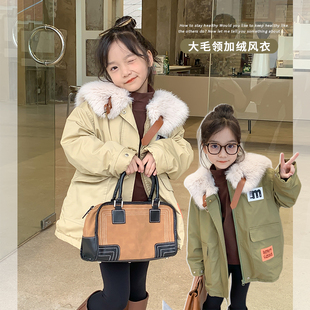女童韩版时尚加绒风衣2023冬装宝宝加厚毛领外套儿童保暖棉衣