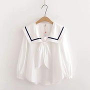 日系森女系秋装设计感法式短款上衣海军风长袖翻领白色衬衫