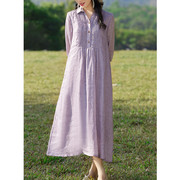 春夏衬衫式长款翻领连衣裙，七分袖苎麻，炒色紫色长裙休闲大码袍子