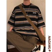 nagawl春季日系复古条纹短袖，t恤男bf宽松慵懒风学生半袖上衣