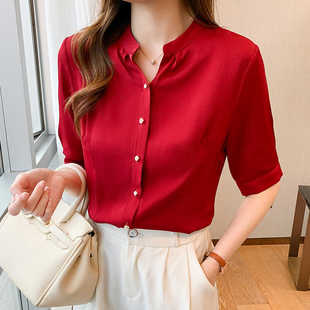 高端红色衬衫女短袖，2024夏季高级感真丝缎面，衬衣职业正装上衣