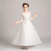 儿童礼服公主裙女童蓬蓬纱，生日白色小花，童结婚钢琴演出服长袖夏季