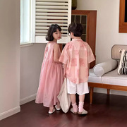 童套装2024夏款女童韩版粉色系带背心，连衣裙儿童短袖短裤两件套