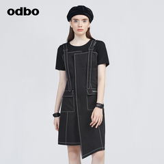 odbo/欧迪比欧原创设计明显装饰牛仔连衣裙女早秋外穿百搭背带裙