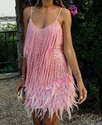 欧美时尚流苏亮片，羽毛拼接礼服粉色，吊带连衣裙pinktasseldress