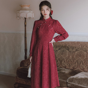 文艺新中式改良旗袍年轻款复古长袖，敬酒服红色，连衣裙长裙秋季