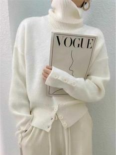 高领套头毛衣女士秋冬时尚洋气设计感开叉宽松显瘦百搭针织打底衫
