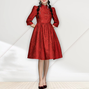 时尚俏皮改良红色旗袍中裙立领泡泡袖大摆减龄年轻连衣裙国风礼服