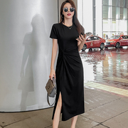 2024夏季设计感小众开叉法式显瘦收腰长裙黑色褶皱长款连衣裙