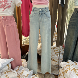 韩版夏季通勤风韩国东大门洗水浅蓝做旧设计感休闲显瘦牛仔裤