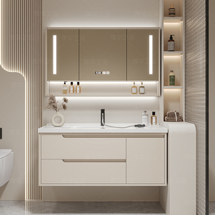 北欧简约智能实木陶瓷，一体盆卫生间浴室柜组合洗脸盆，卫浴柜洗漱台
