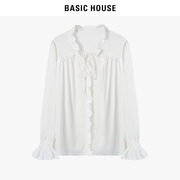 Basic House/百家好衬衫荷叶边长袖短款白色衬衫女春装法式衬衣