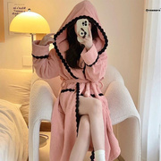 。睡衣女性感浴袍冬季珊瑚绒粉色冬季加绒加厚中长款保暖家居服法